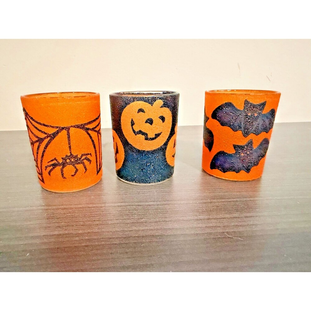 Halloween Votive Candle Holders Set of 3 Orange Black Spider Pumpkin Bat Glass